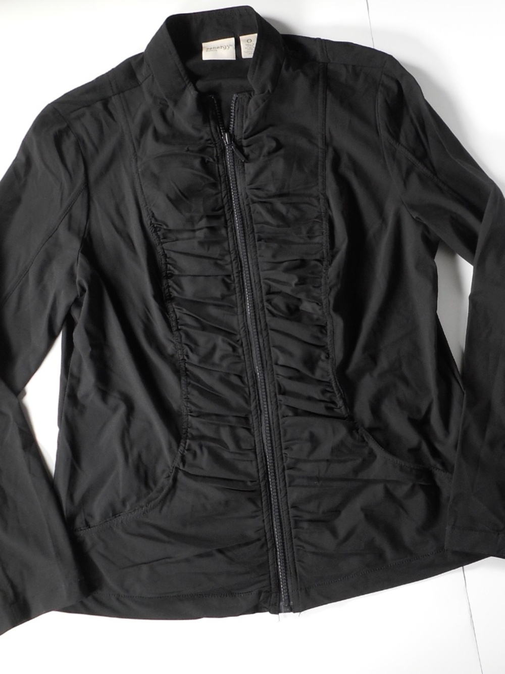 Chicos Sz 0 Zenergy S 4 Black Full Zip Ruching Jacket Golf Athleisure Stretch